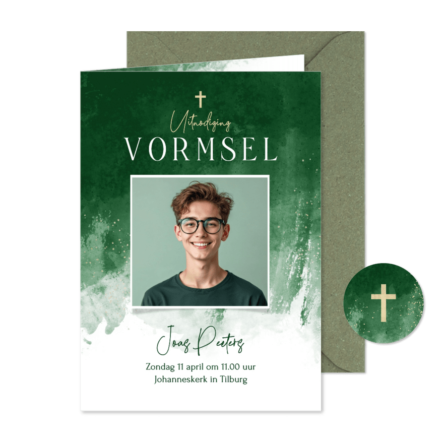 Vormsel uitnodigingskaart waterverf donkergroen foto - Kaartimpressie