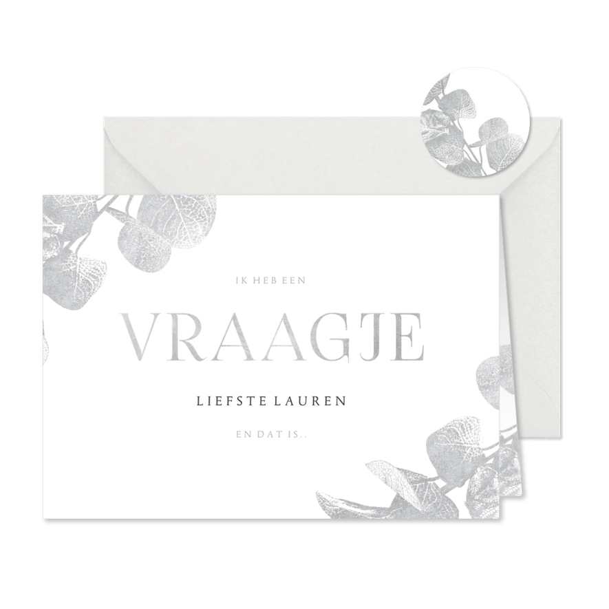 Vraagje kaart eucalyptustak in zilver - Kaartimpressie