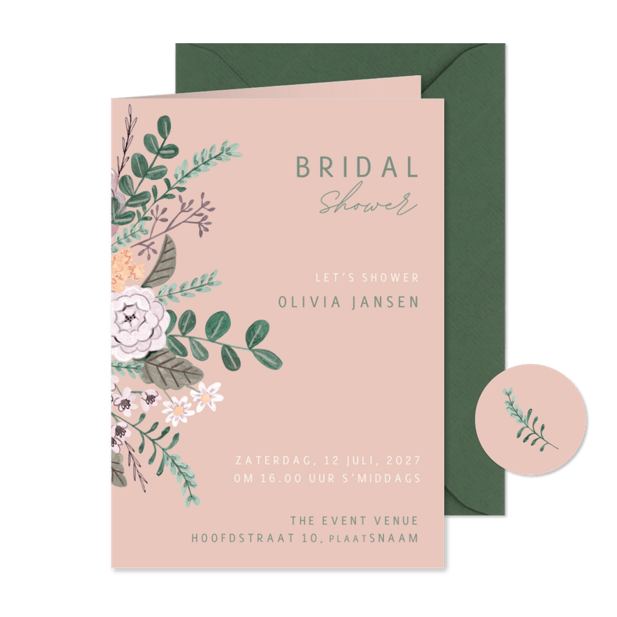 Vrijgezellen feest uitnodiging blush bloemen boeket. - Kaartimpressie
