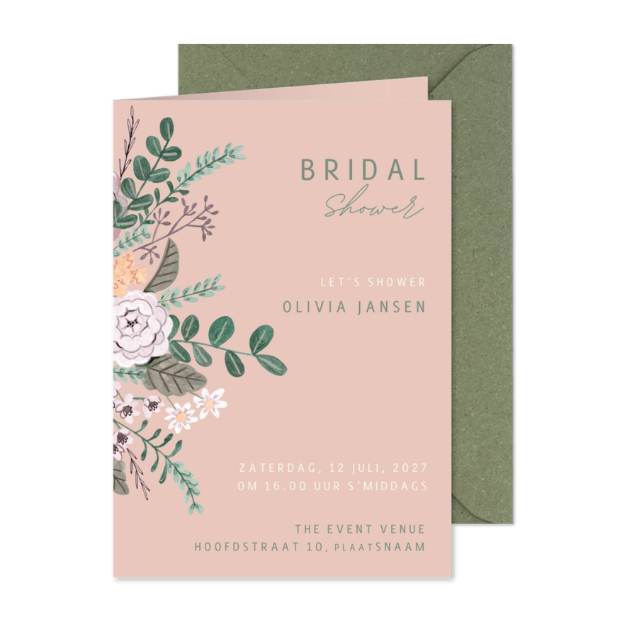 Vrijgezellen feest uitnodiging blush bloemen boeket. - Kaartimpressie