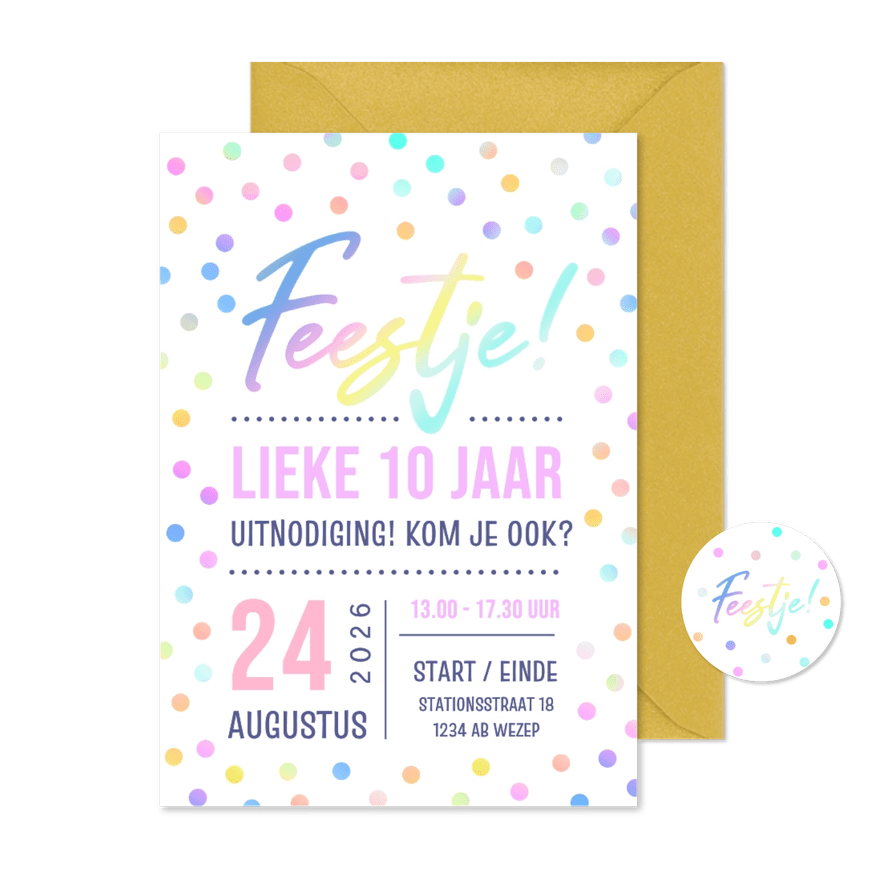 Vrolijk en hip kinderfeestje uitnodiging confetti meisje - Kaartimpressie