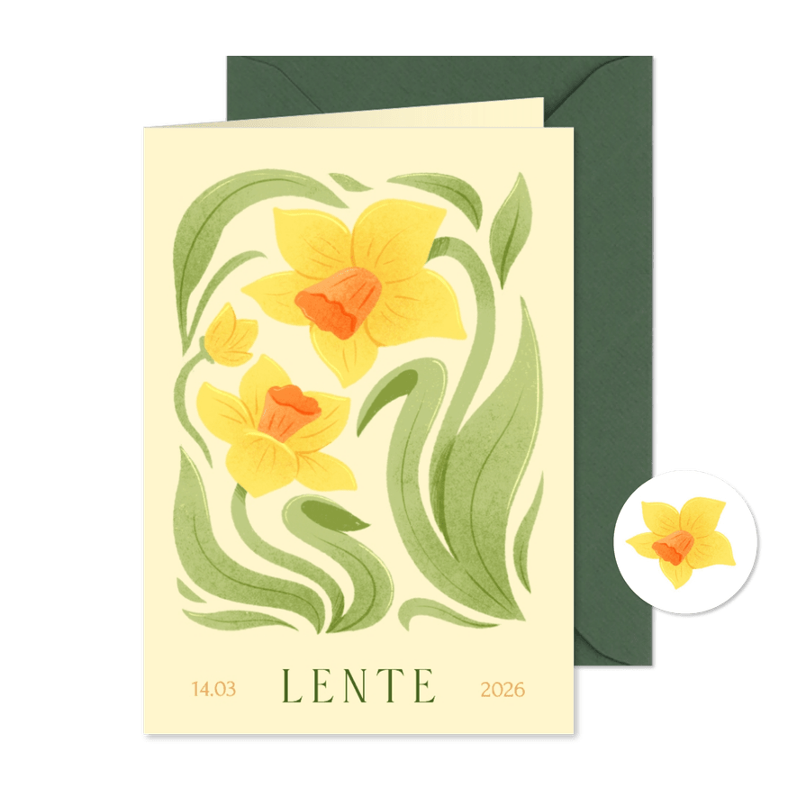 Vrolijk geboortekaartje geboortebloemen narcis - Kaartimpressie