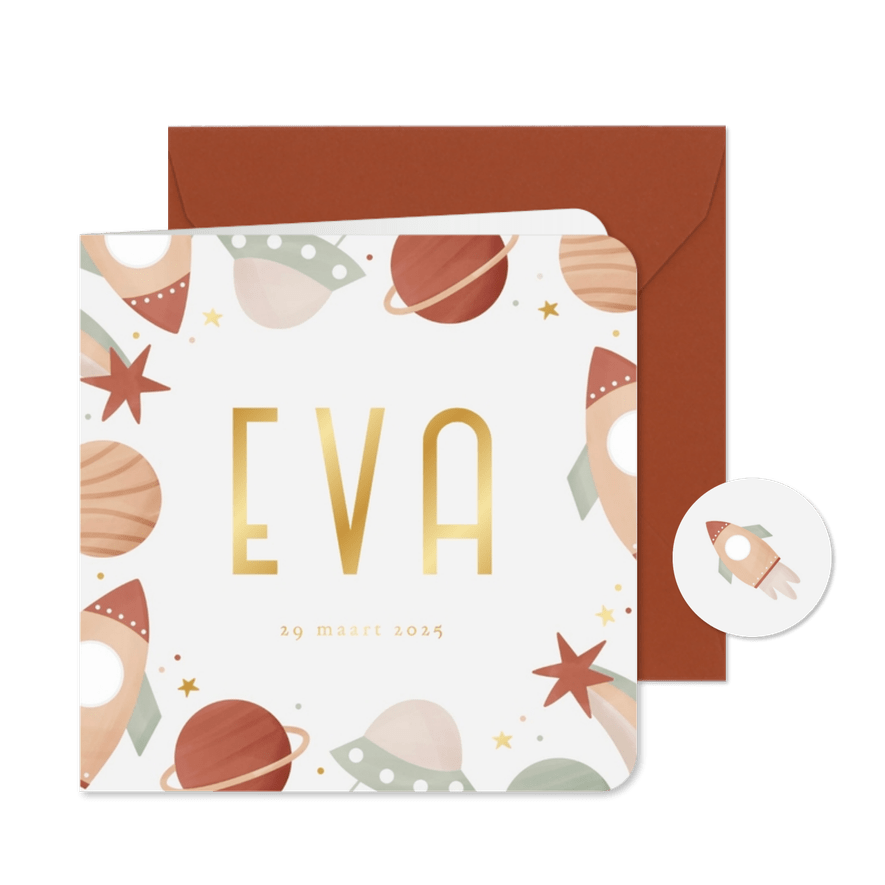 Vrolijk geboortekaartje met planeetjes, sterren raket - Kaartimpressie