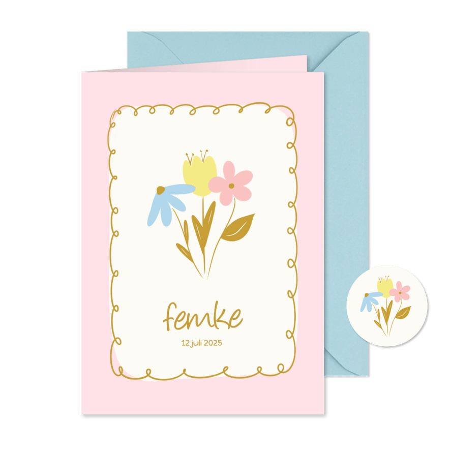 Vrolijk geboortekaartje met roze rand en bloemetjes - Kaartimpressie