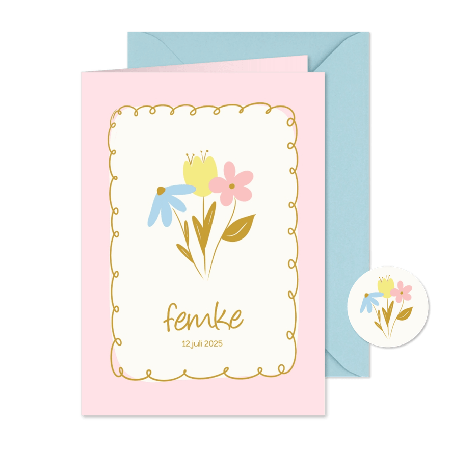 Vrolijk geboortekaartje met roze rand en bloemetjes - Kaartimpressie