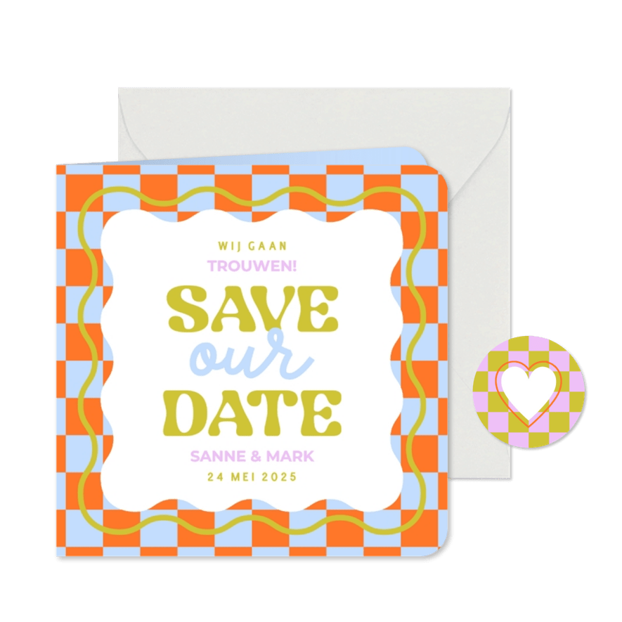 Vrolijk gekleurde save the date kaart met wave en blokjes - Kaartimpressie