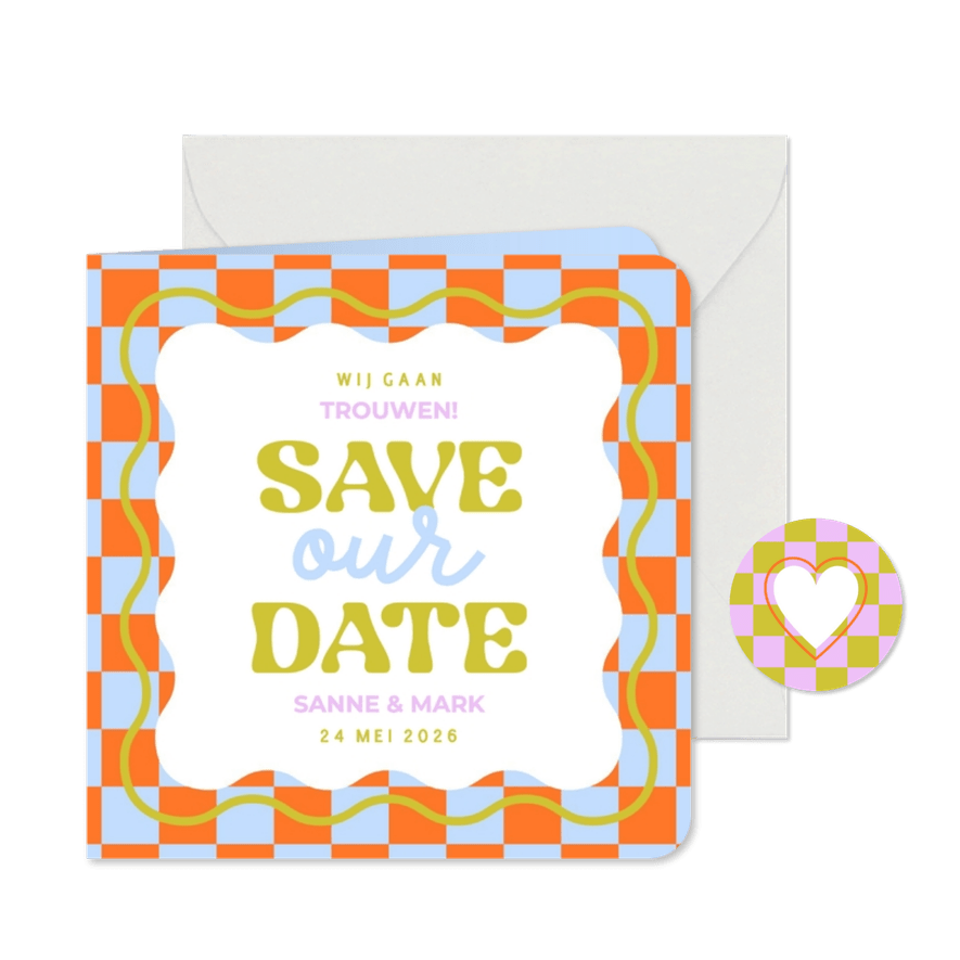 Vrolijk gekleurde save the date kaart met wave en blokjes - Kaartimpressie