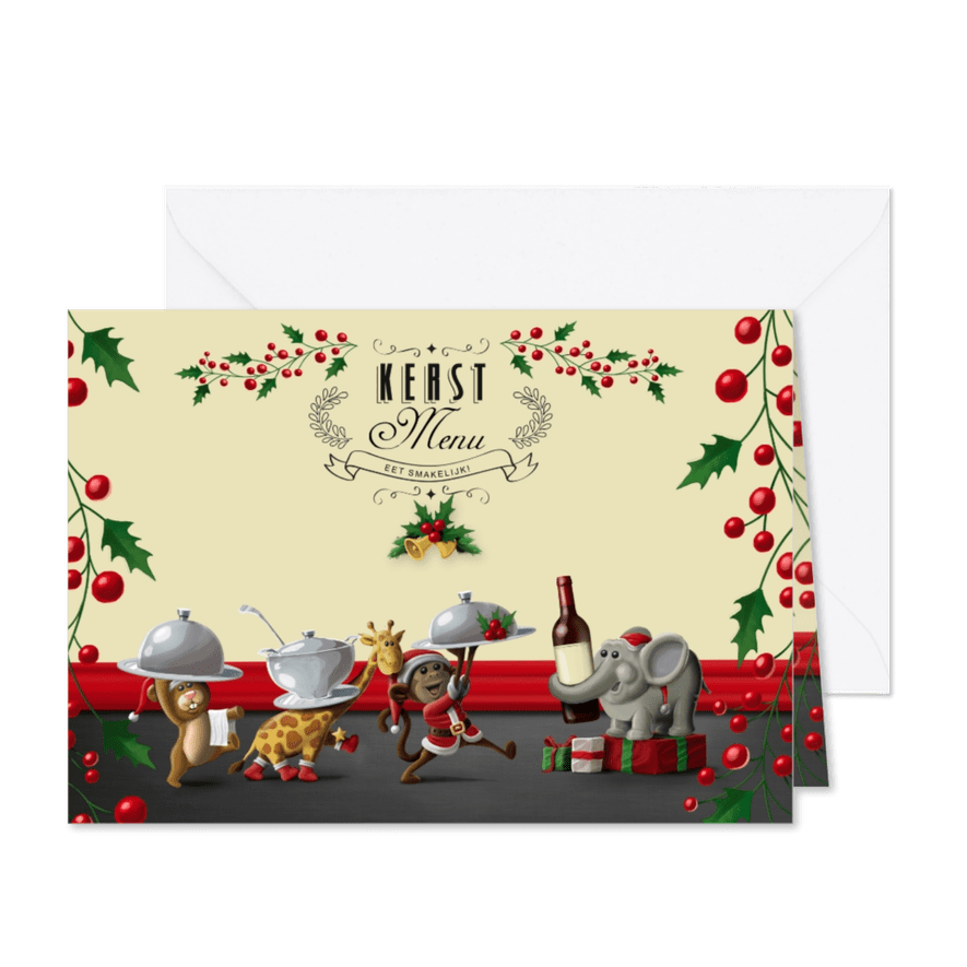 Vrolijk kerst menukaart met diertjes - Kaartimpressie