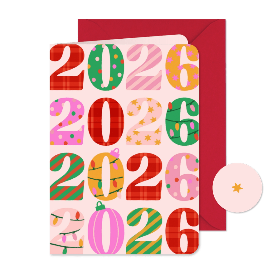 Vrolijk kerstkaartje 2026 versierd gekleurd - Kaartimpressie