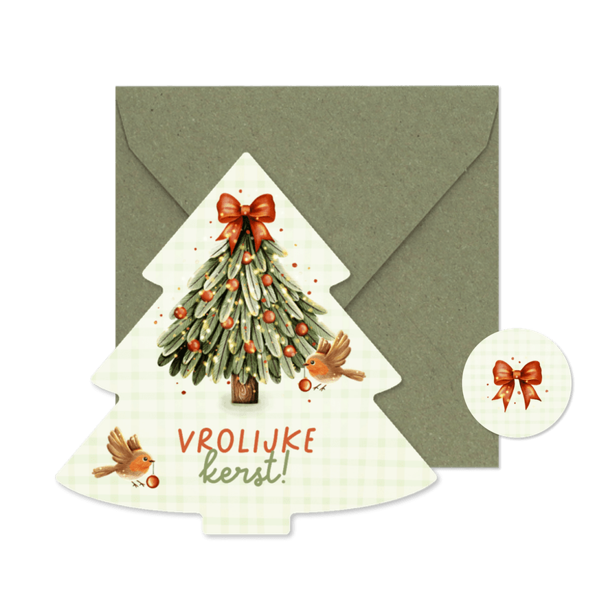 Vrolijk kerstkaartje kerstboom met roodborstjes - Kaartimpressie
