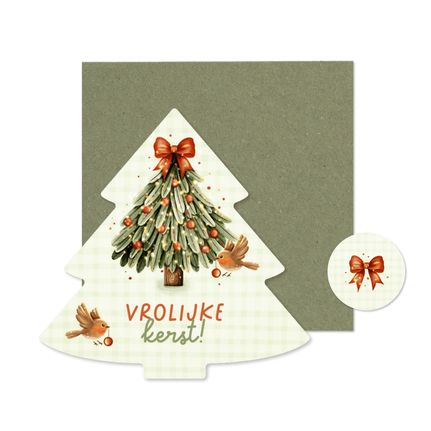 Vrolijk kerstkaartje kerstboom met roodborstjes - Kaartimpressie