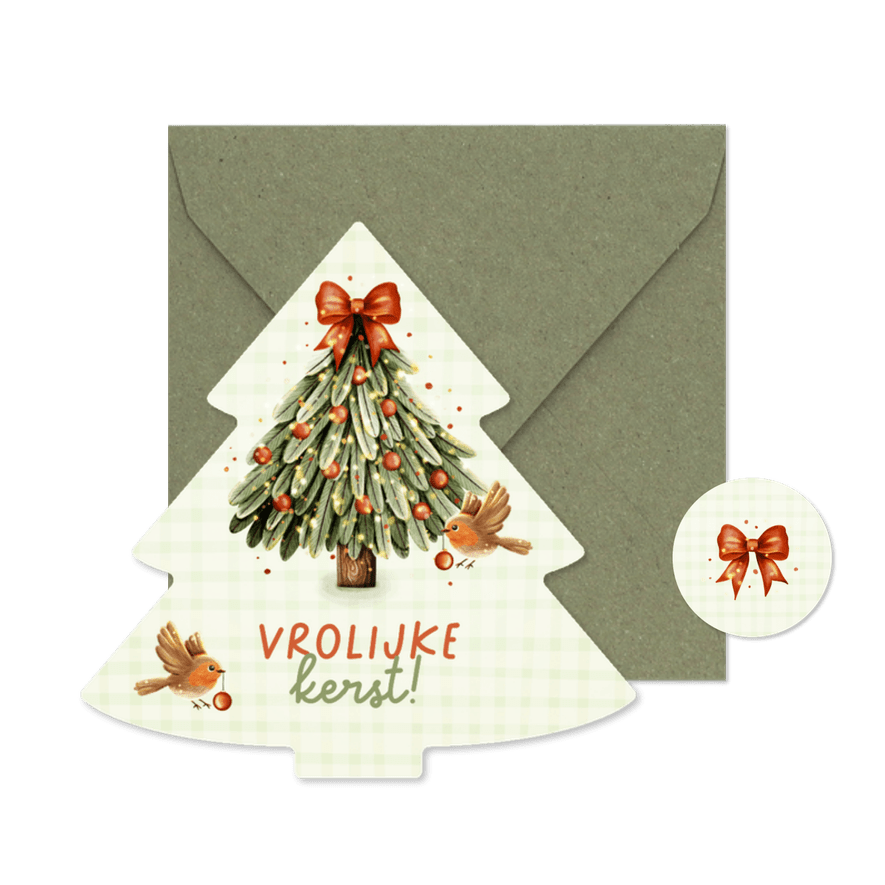 Vrolijk kerstkaartje kerstboom met roodborstjes - Kaartimpressie