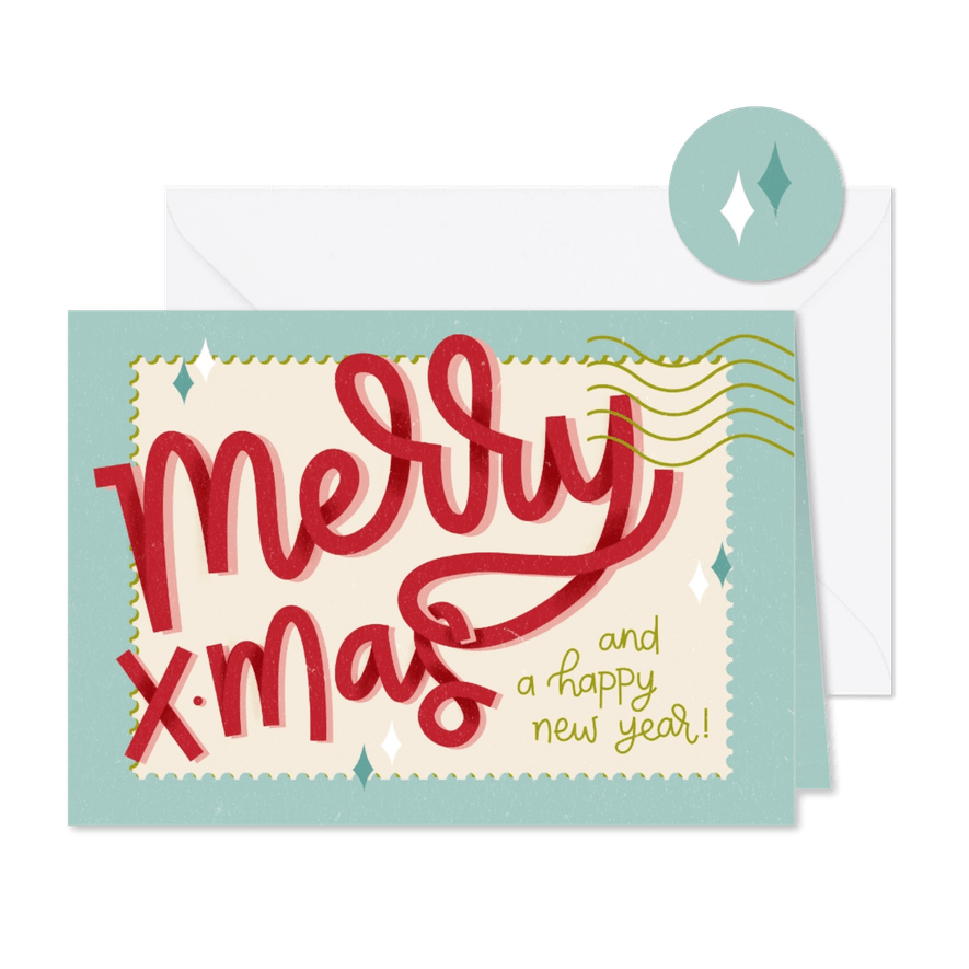 Vrolijk kerstkaartje merry xmas postzegel - Kaartimpressie