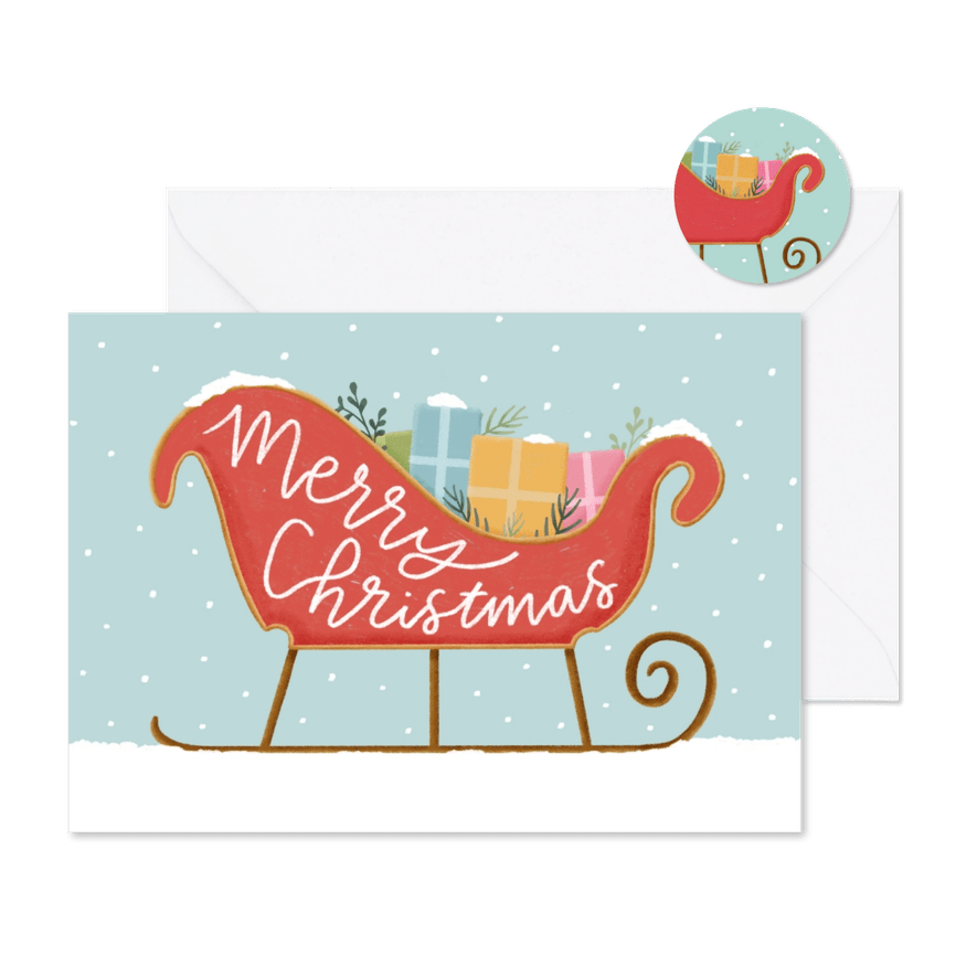 Vrolijk kerstkaartje met arreslee met cadeaus en sneeuw - Kaartimpressie
