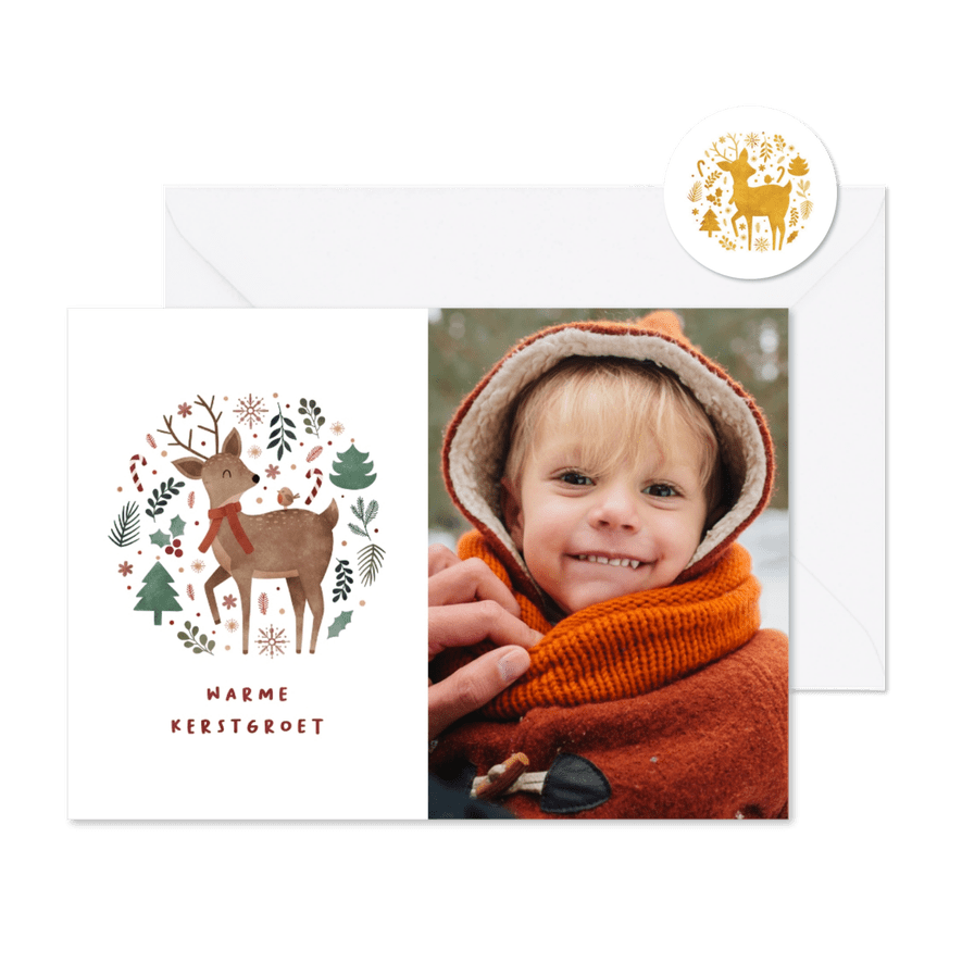 Vrolijk kerstkaartje met foto, hert en roodborstje - Kaartimpressie