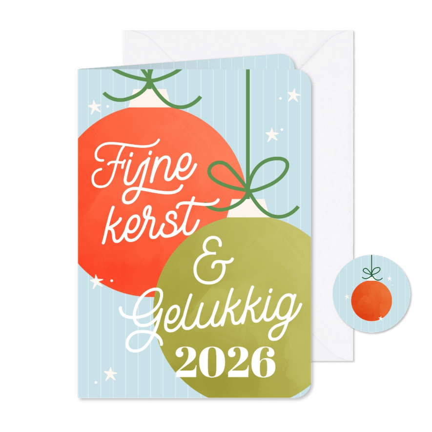 Vrolijk kerstkaartje met funky kleurtjes kerstballen - Kaartimpressie