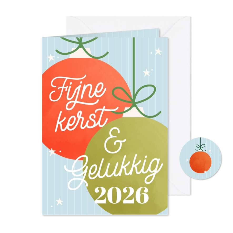 Vrolijk kerstkaartje met funky kleurtjes kerstballen - Kaartimpressie