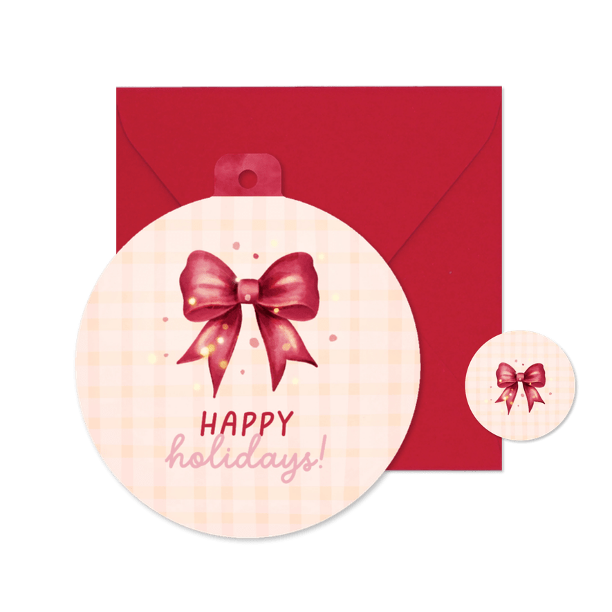 Vrolijk kerstkaartje met strik in kerstbalvorm - Kaartimpressie