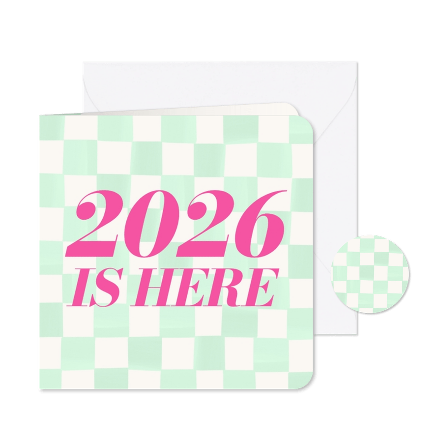 Vrolijk nieuwjaarskaartje 2026 is here groen geblokt - Kaartimpressie