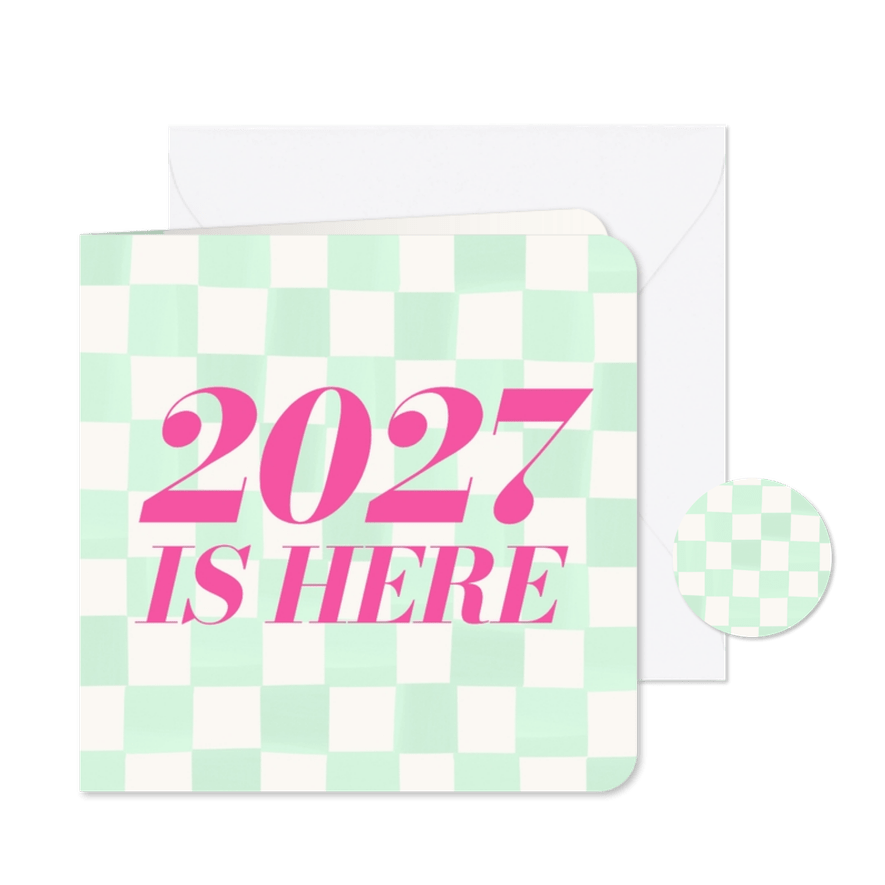 Vrolijk nieuwjaarskaartje 2027 is here groen geblokt - Kaartimpressie