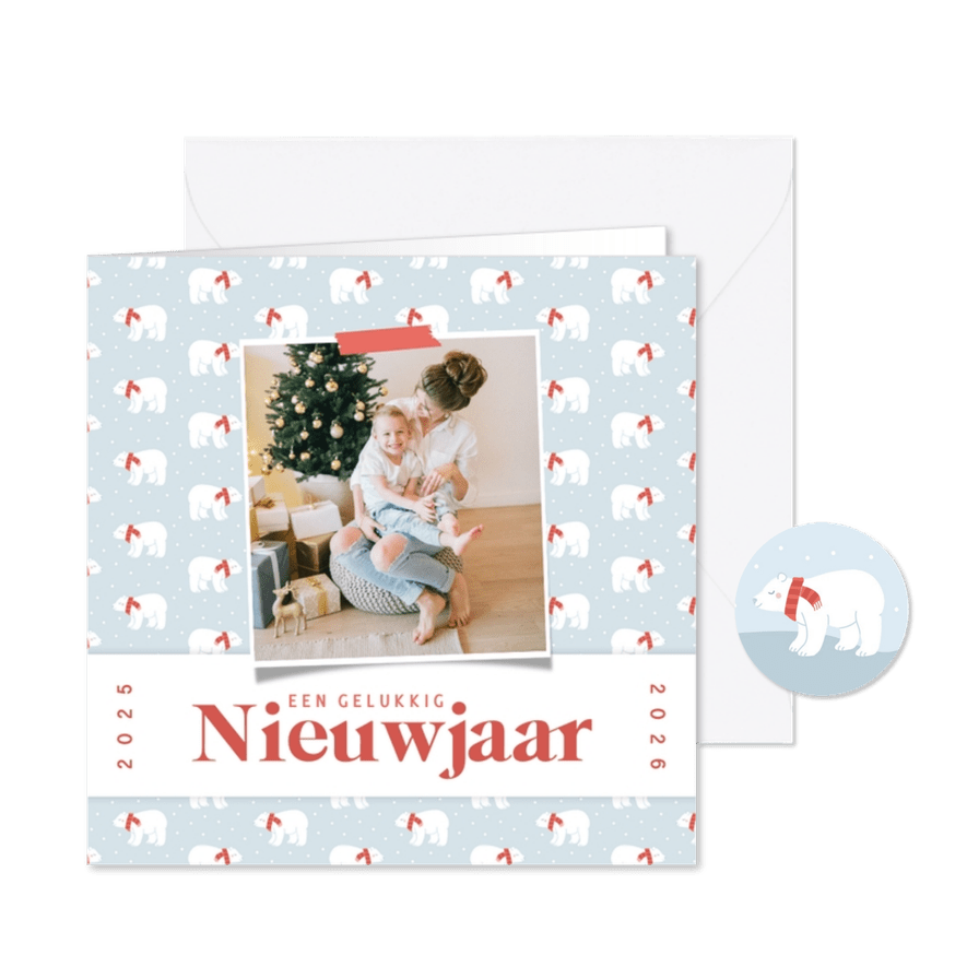 Vrolijk nieuwjaarskaartje met ijsbeer patroontje en foto  - Kaartimpressie