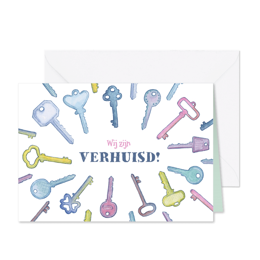 Vrolijk verhuiskaartje met sleutels - Kaartimpressie