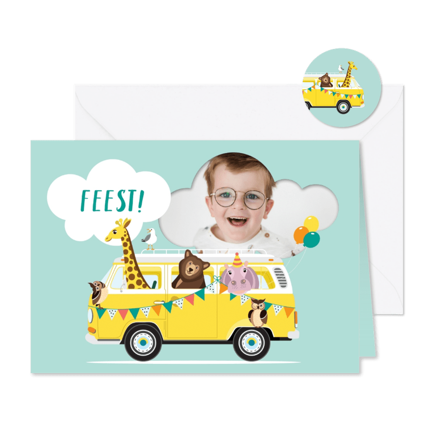 Vrolijk Volkswagen busje vol lieve diertjes - Kaartimpressie