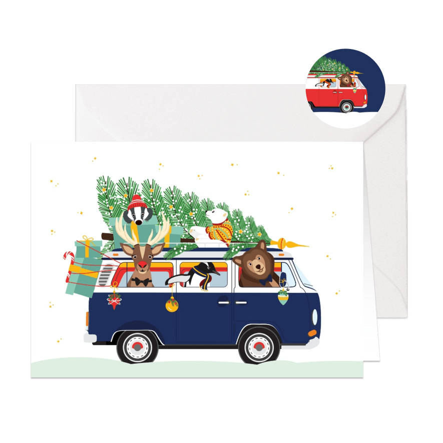 Vrolijk Volkswagen busje vol lieve kerst diertjes - Kaartimpressie