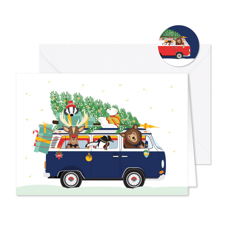 Vrolijk Volkswagen busje vol lieve kerst diertjes - Kaartimpressie