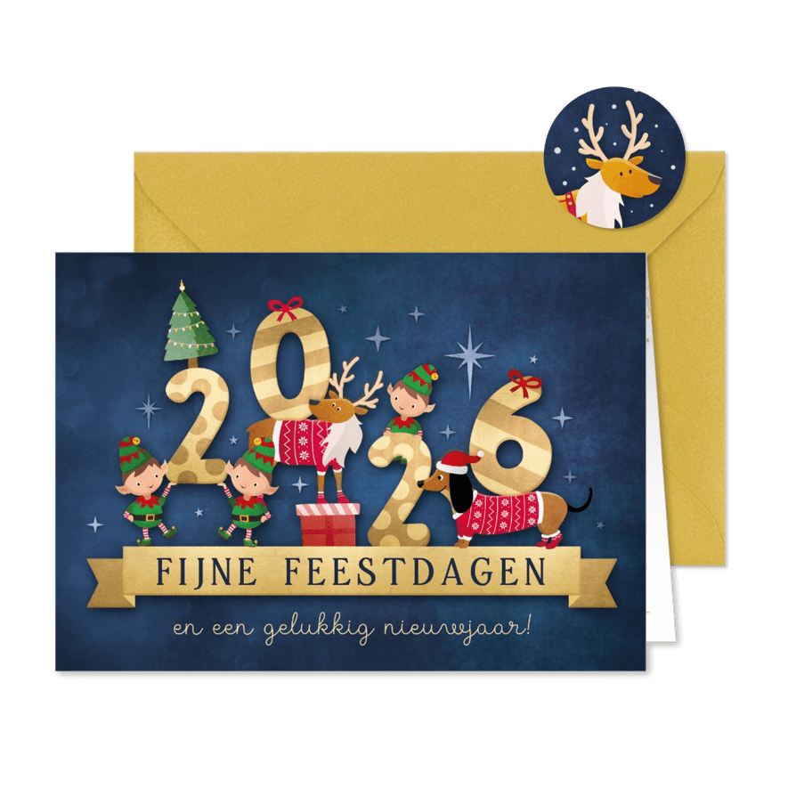 Vrolijke 2026 kerstkaart met illustratie van lieve diertjes - Kaartimpressie