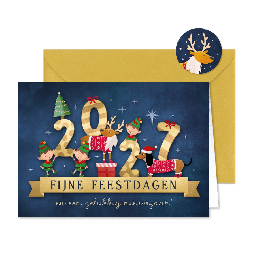 Vrolijke 2027 kerstkaart met illustratie van lieve diertjes - Kaartimpressie