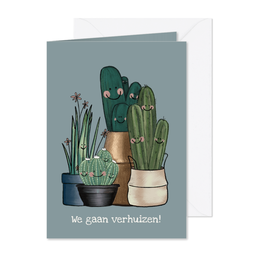 Vrolijke blauw-grijze verhuiskaart vol met cactussen - Kaartimpressie