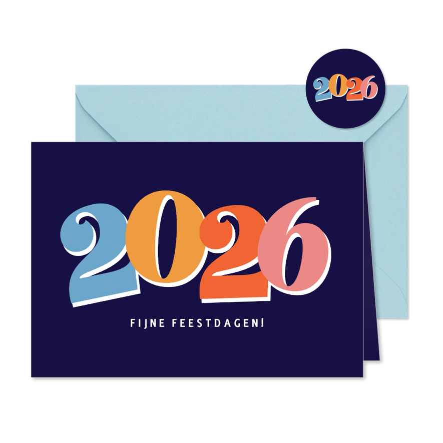 Vrolijke blauwe kerstkaart met gekleurd jaartal - Kaartimpressie