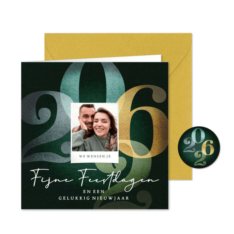 Vrolijke foto kerstkaart 2026 in groen - Kaartimpressie