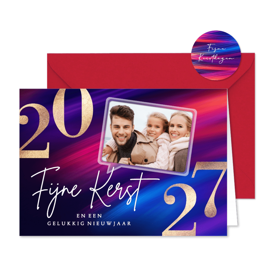 Vrolijke foto kerstkaart 2027 rood met blauw - Kaartimpressie