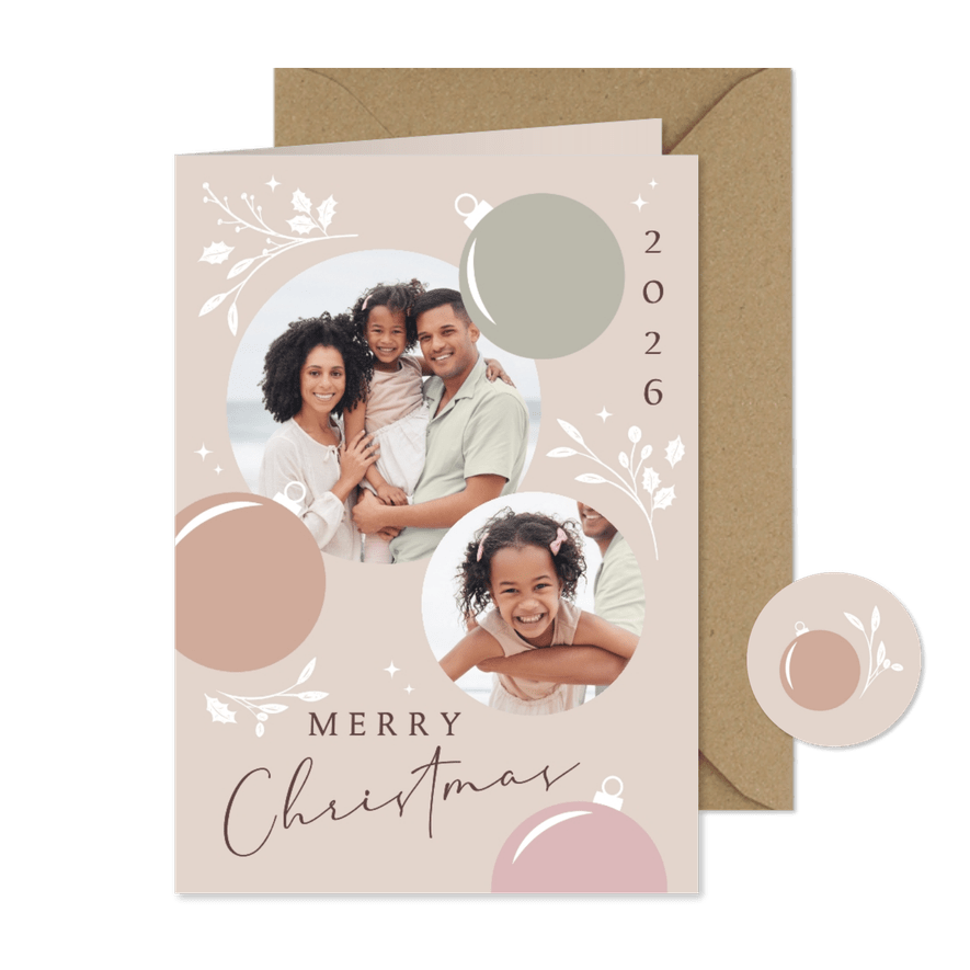 Vrolijke foto kerstkaart boho kerstballen - Kaartimpressie