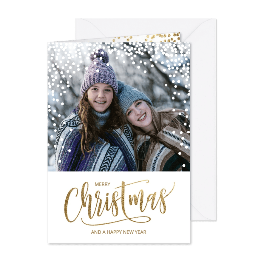 Vrolijke foto kerstkaart sneeuw dots - Kaartimpressie