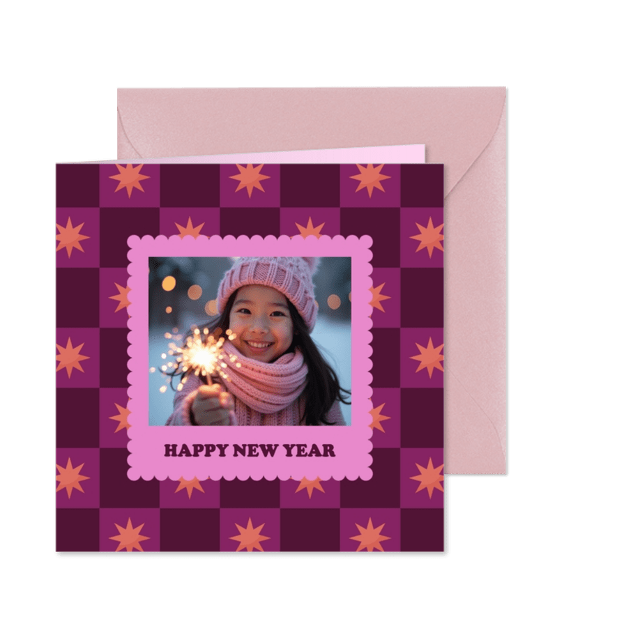 Vrolijke foto nieuwjaarskaart blokjespatroon met sterren - Kaartimpressie
