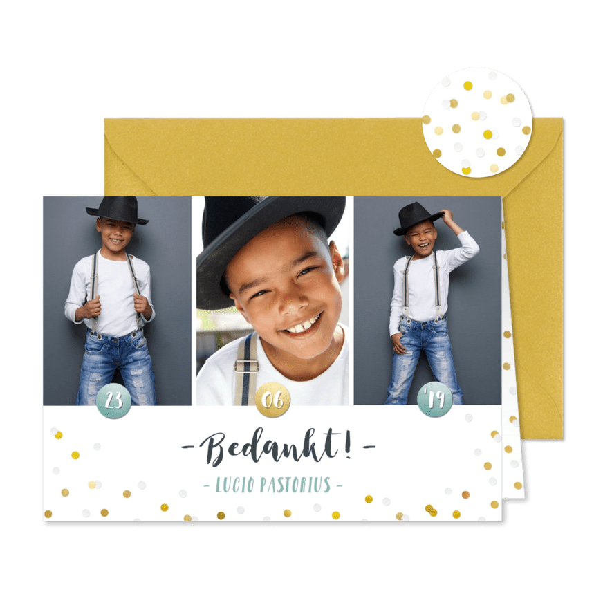 Vrolijke fotocollage bedankkaart voor een eerste communie - Kaartimpressie