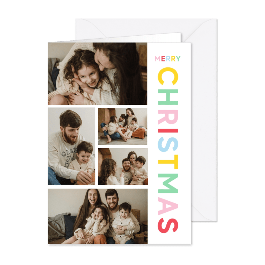 Vrolijke fotocollage kerstkaart met gekleurde typografie - Kaartimpressie