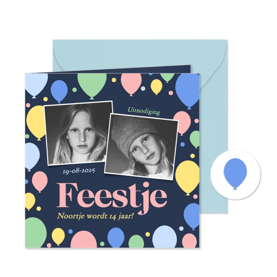 Vrolijke fotokaart uitnodigingen blauw met ballonnen kader - Kaartimpressie
