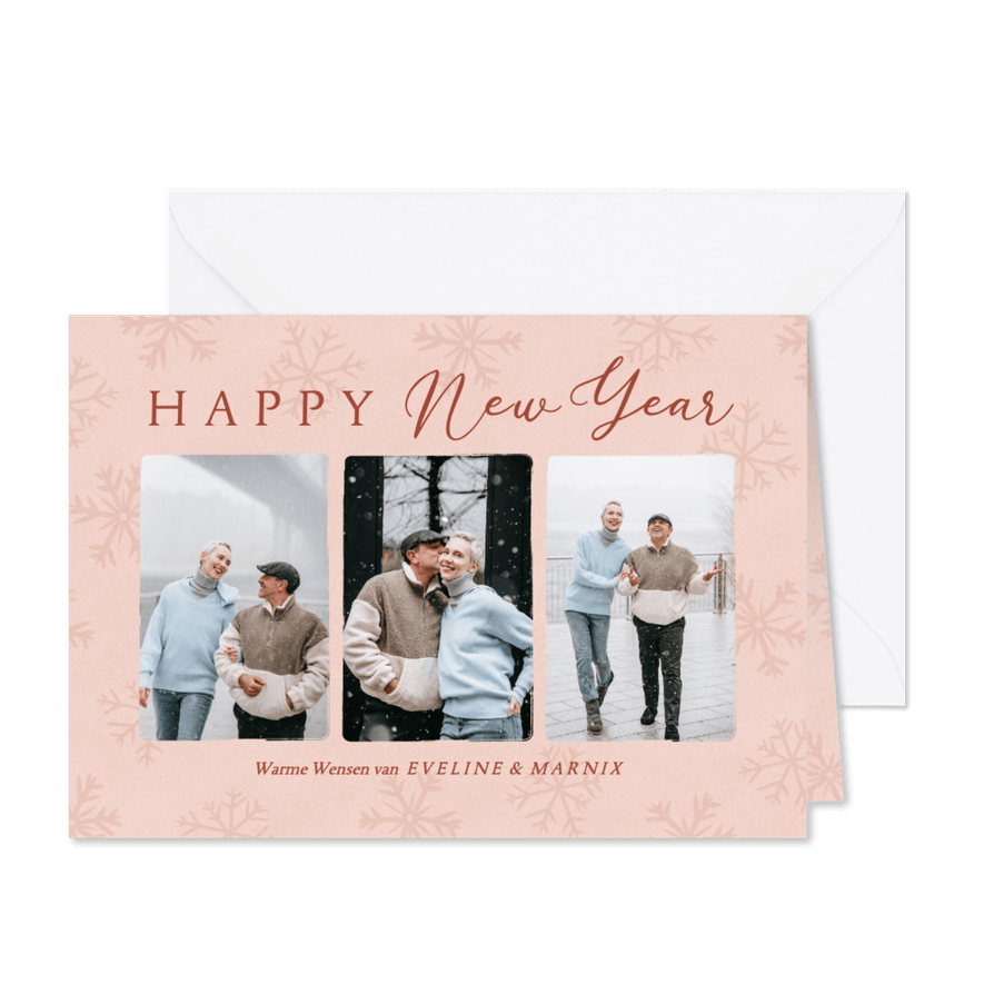 Vrolijke fotokaart voor nieuwjaar met sneeuwvlokken in roze - Kaartimpressie