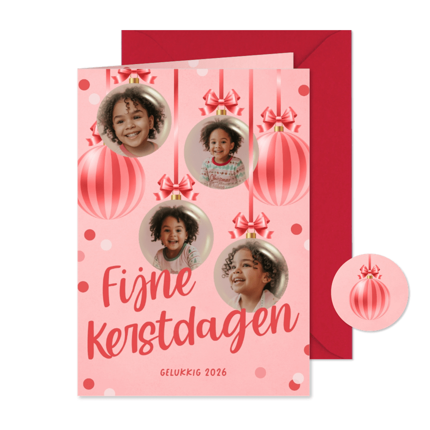 Vrolijke fotokerstkaart met roze kerstballen en confetti - Kaartimpressie