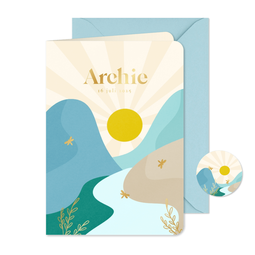 Vrolijke geboortekaartjes met landschap libelle goud jongen - Kaartimpressie