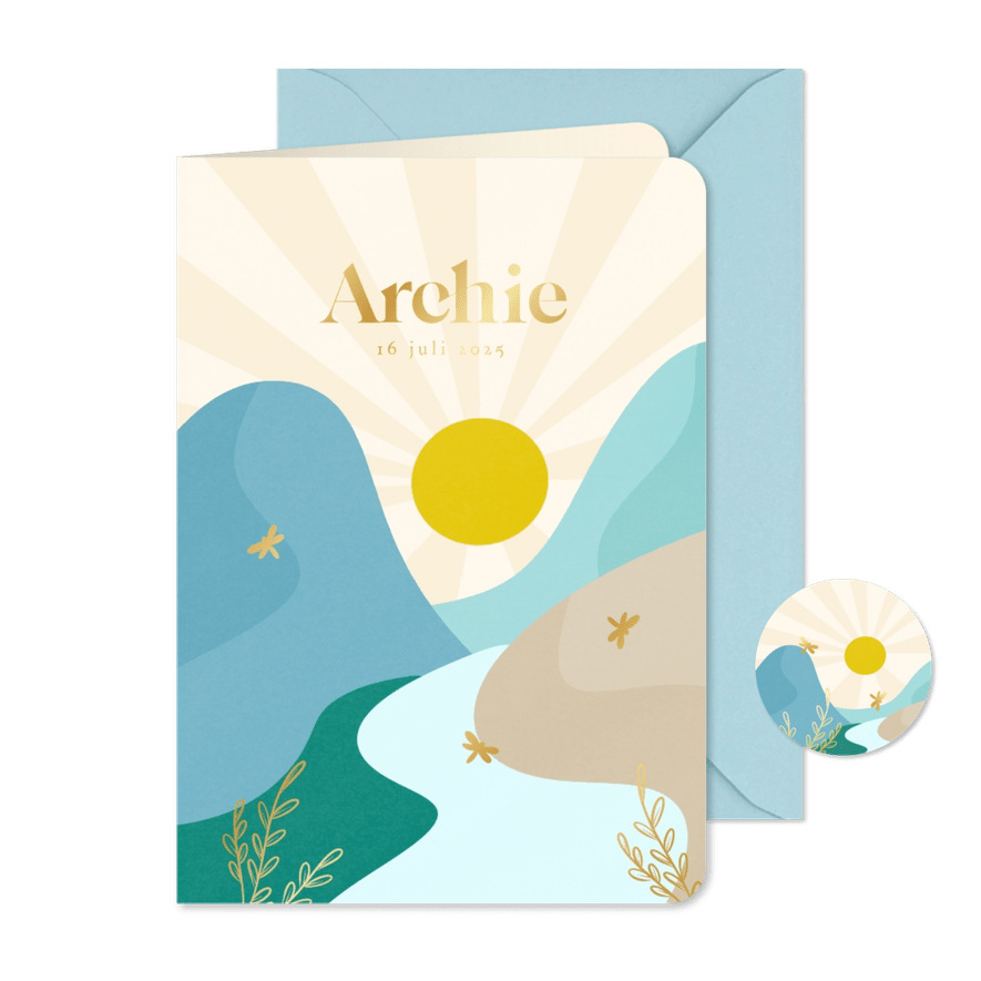 Vrolijke geboortekaartjes met landschap libelle goud jongen - Kaartimpressie