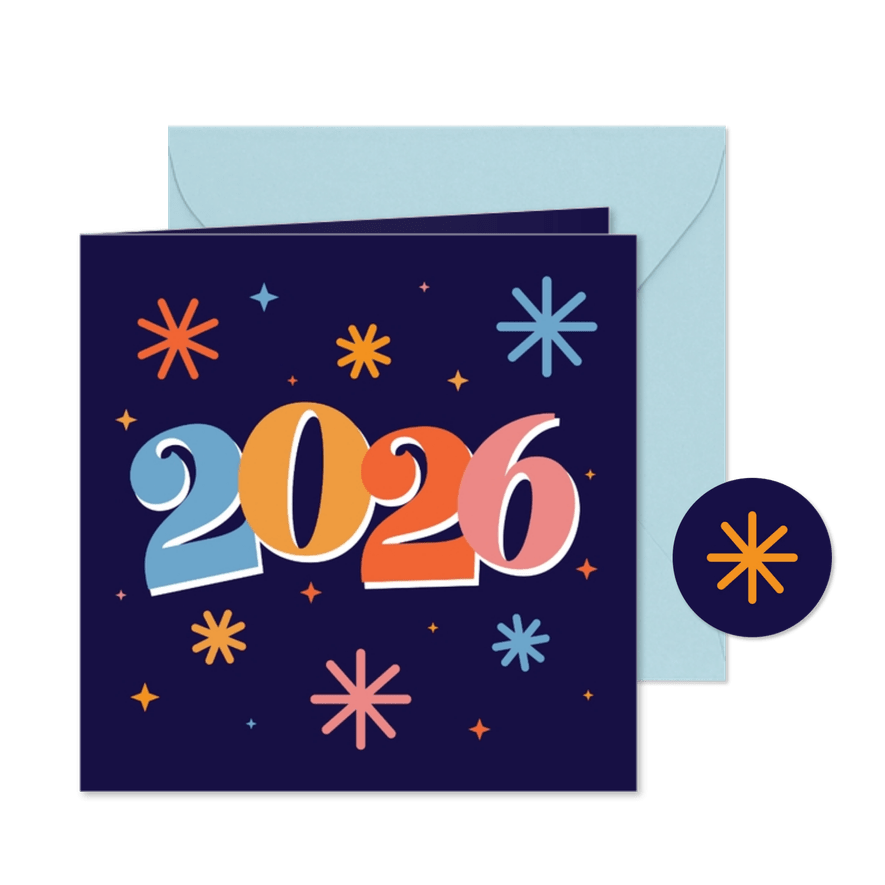 Vrolijke gekleurde nieuwjaarskaart met jaartal en sterren - Kaartimpressie