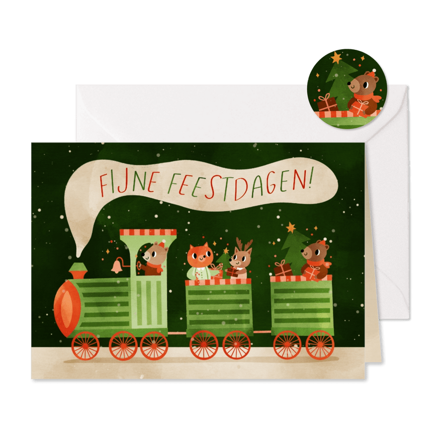 Vrolijke groene kerstkaart met een trein vol dierenvriendjes - Kaartimpressie