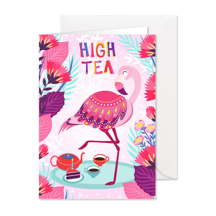 Vrolijke high tea uitnodiging met flamingo, taart en bloemen - Kaartimpressie