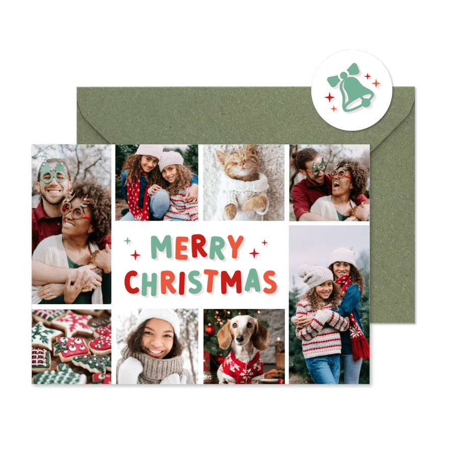 Vrolijke hippe fotocollage kerstkaart met 8 eigen foto's - Kaartimpressie