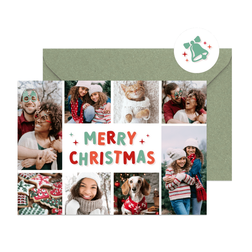 Vrolijke hippe fotocollage kerstkaart met 8 eigen foto's - Kaartimpressie